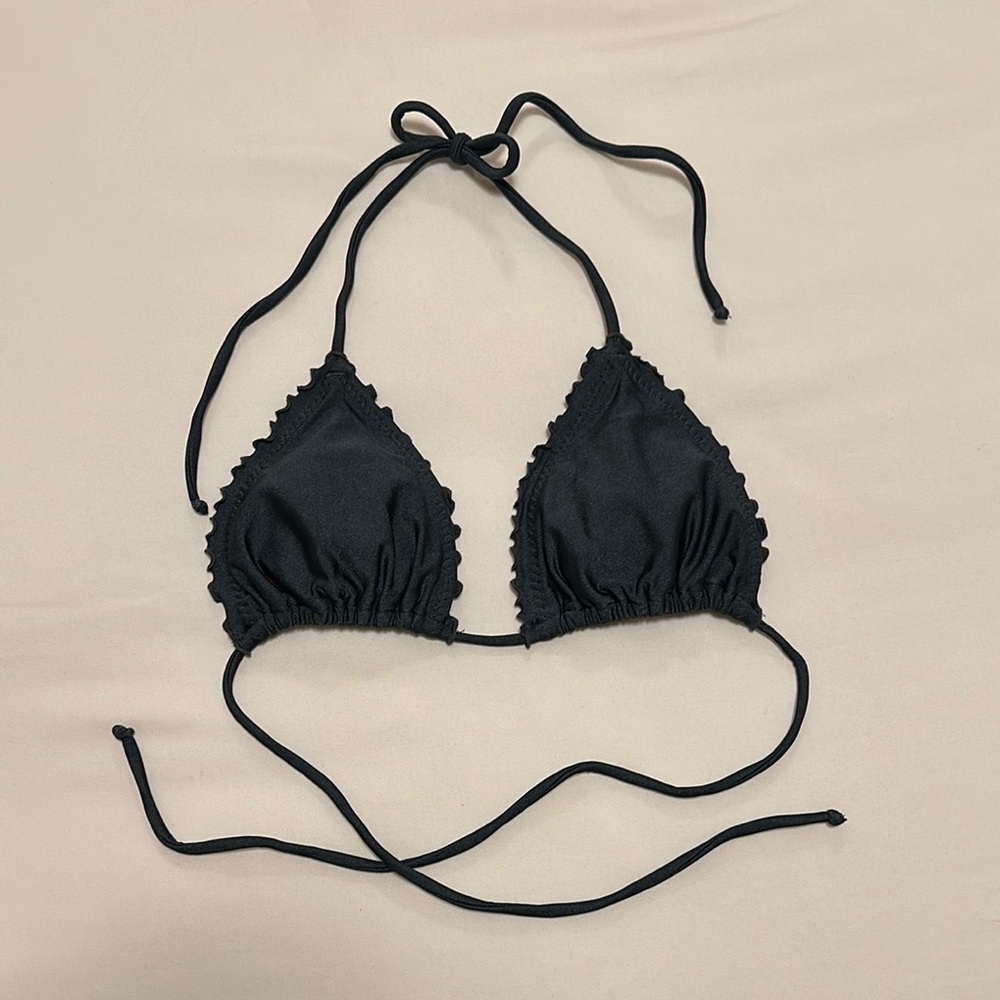 Luli Fama Ruffle Triangle Bikini Top Dark Grey Navy